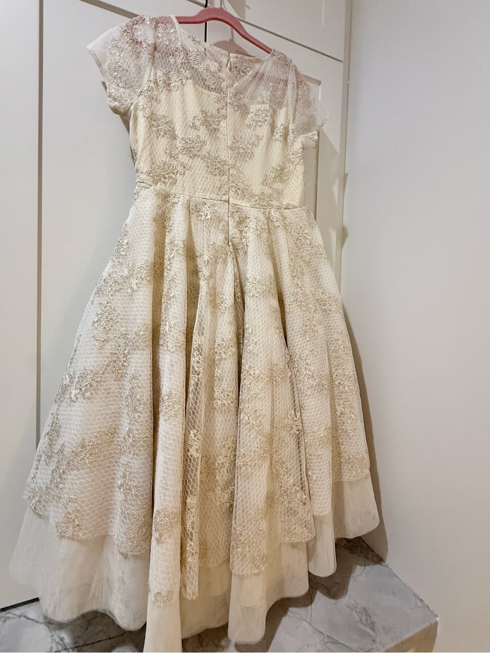 Girls' Ivory & Gold Lace Party Dress - Picture 2 of 3